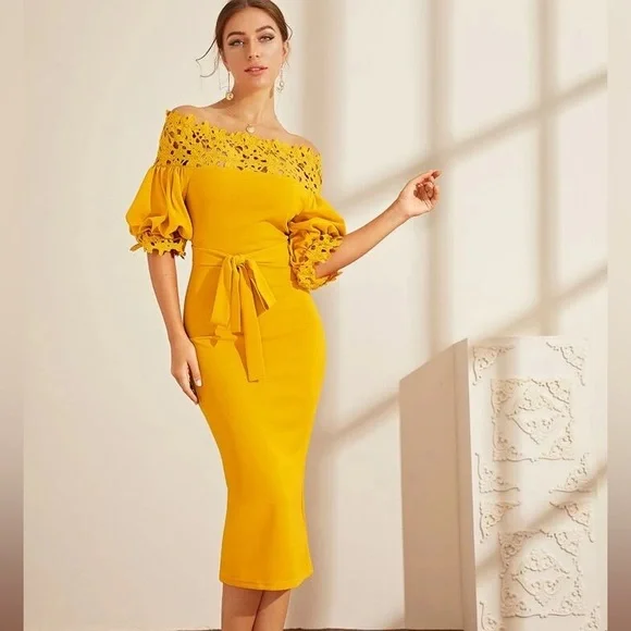 SHEIN | Dresses | Shein Dress L Yellow Gold Guipure Lace Yoke Puff Lantern  Sleeve Belt Pencil Midi | Poshmark